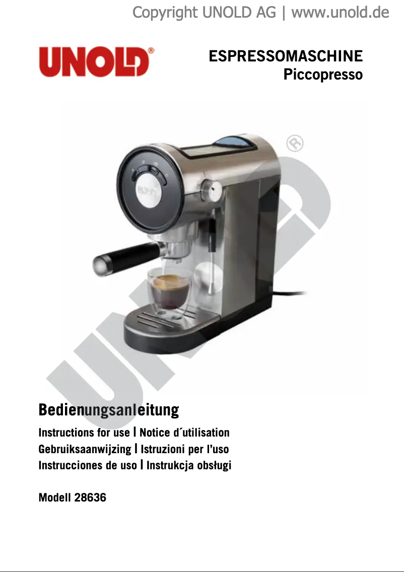 Page 1 de la notice Manuel utilisateur Unold Piccopresso 28636