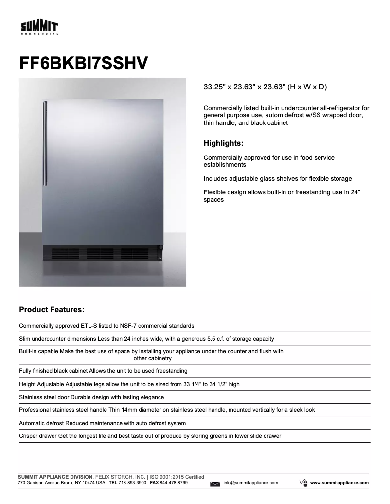 Page 1 de la notice Fiche technique Summit FF6BBI7SSHV