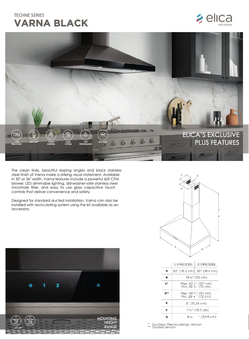 Page 1 de la notice Fiche technique Elica Varna EVR636BL
