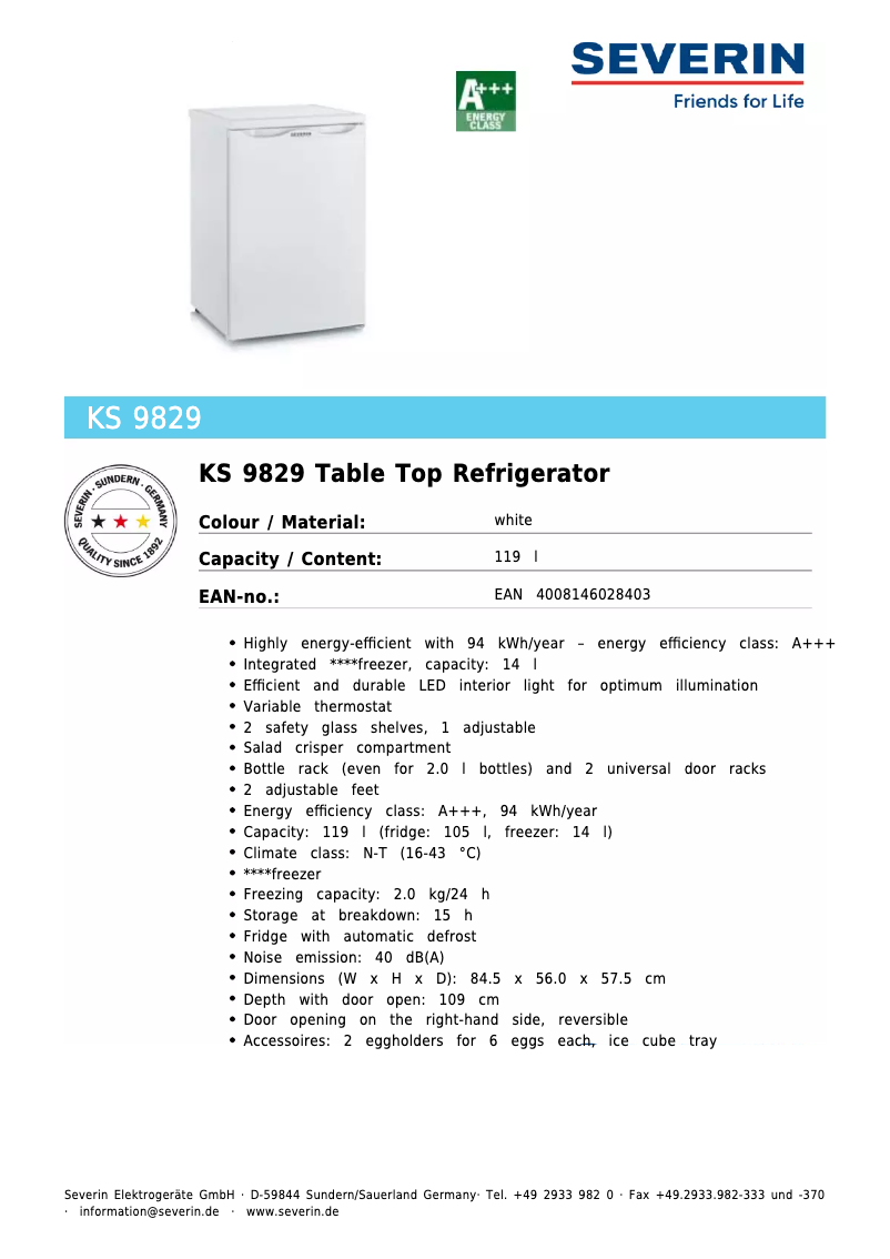 Page 1 de la notice Fiche technique Severin KS 9829