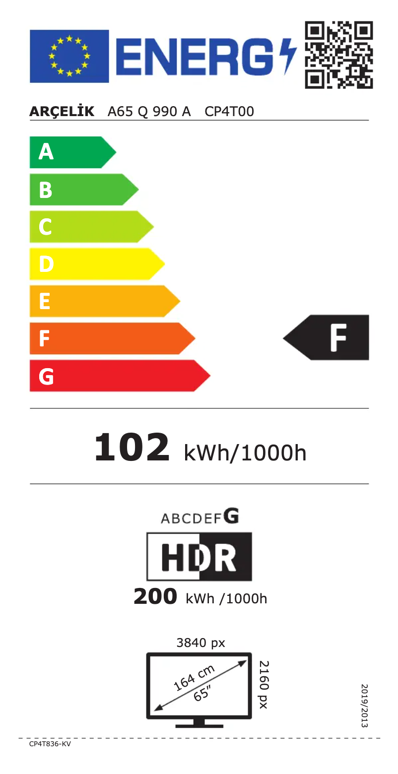 Page n°1 - Label énergétique Arçelik A65 Q 990 A