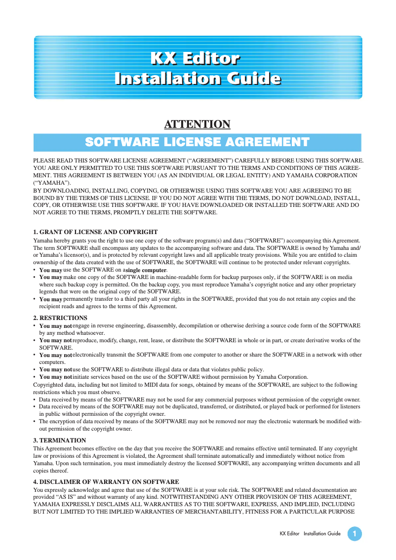 Page n°1 - Guide d'installation Yamaha KX61