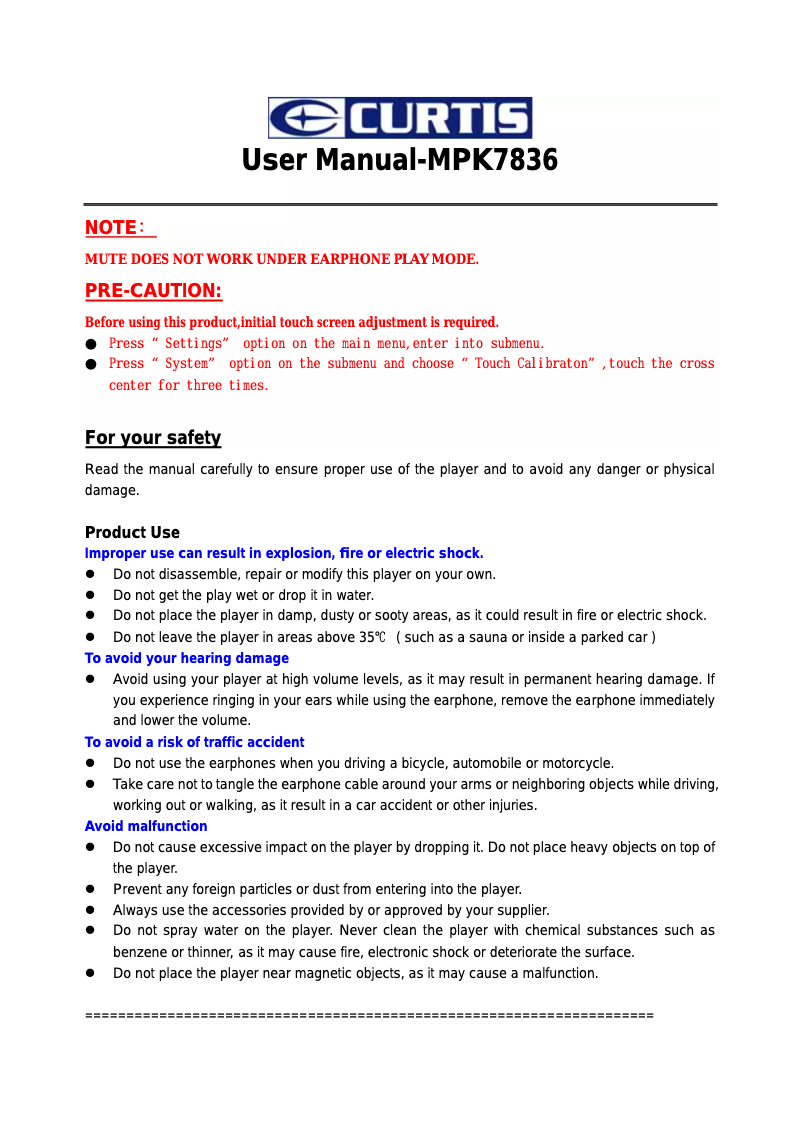 Page 1 de la notice Manuel utilisateur Curtis MPK7836