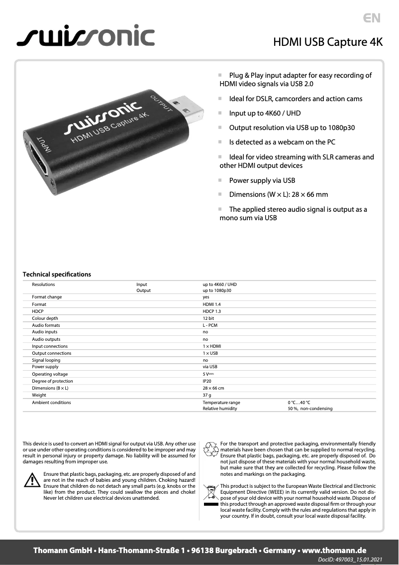 Page n°1 - Manuel utilisateur Swissonic HDMI USB Capture 4K