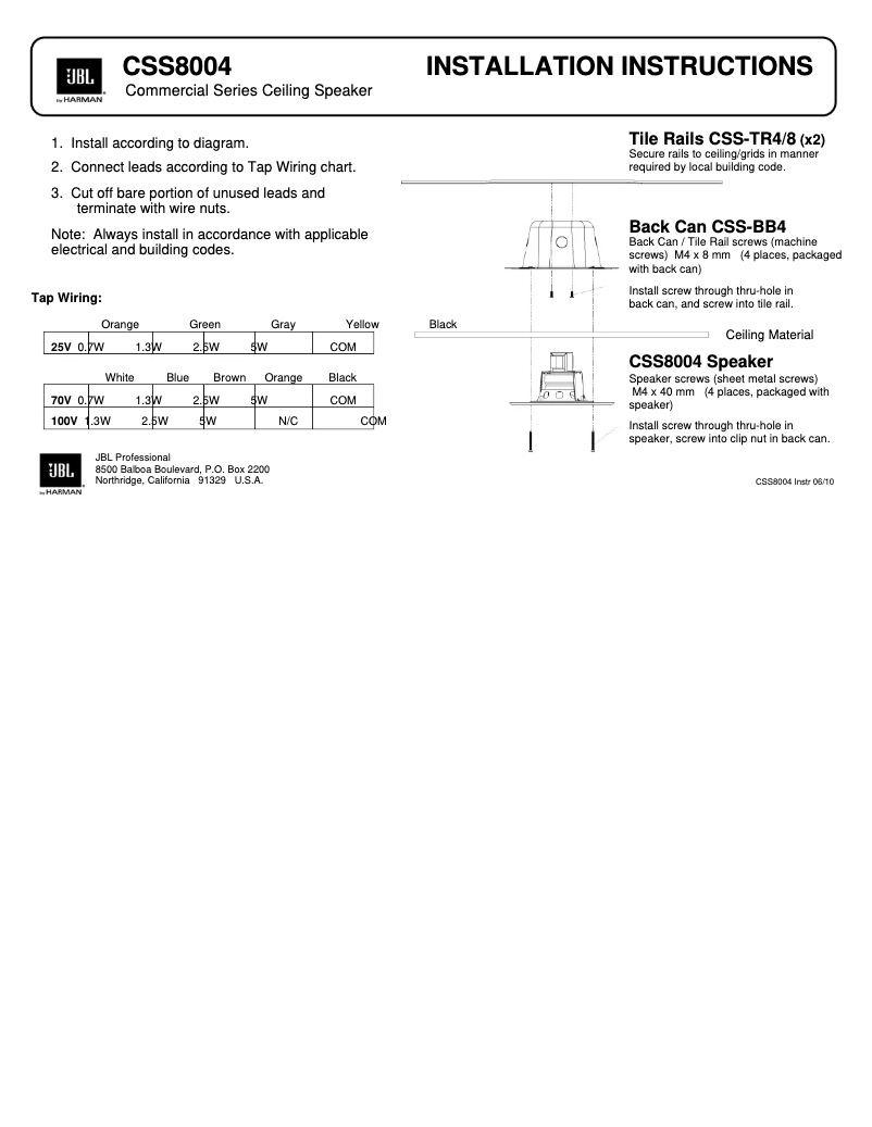 Page 1 de la notice Manuel utilisateur JBL CSS8004