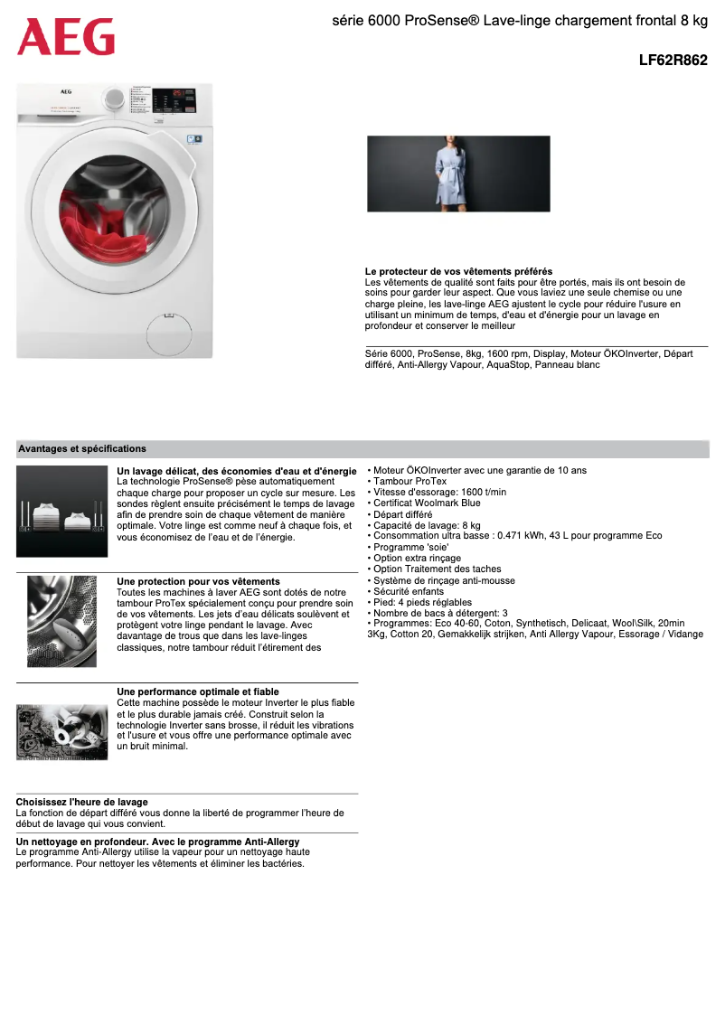 Page 1 de la notice Fiche technique AEG LF62R862