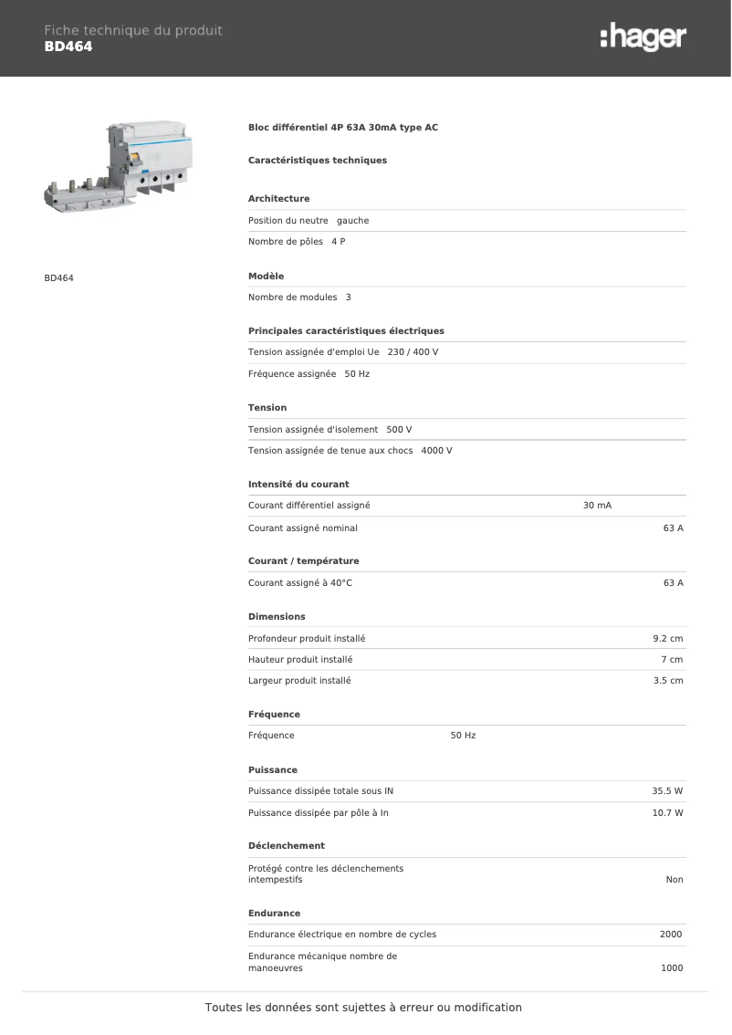 Page 1 de la notice Fiche technique Hager BD464