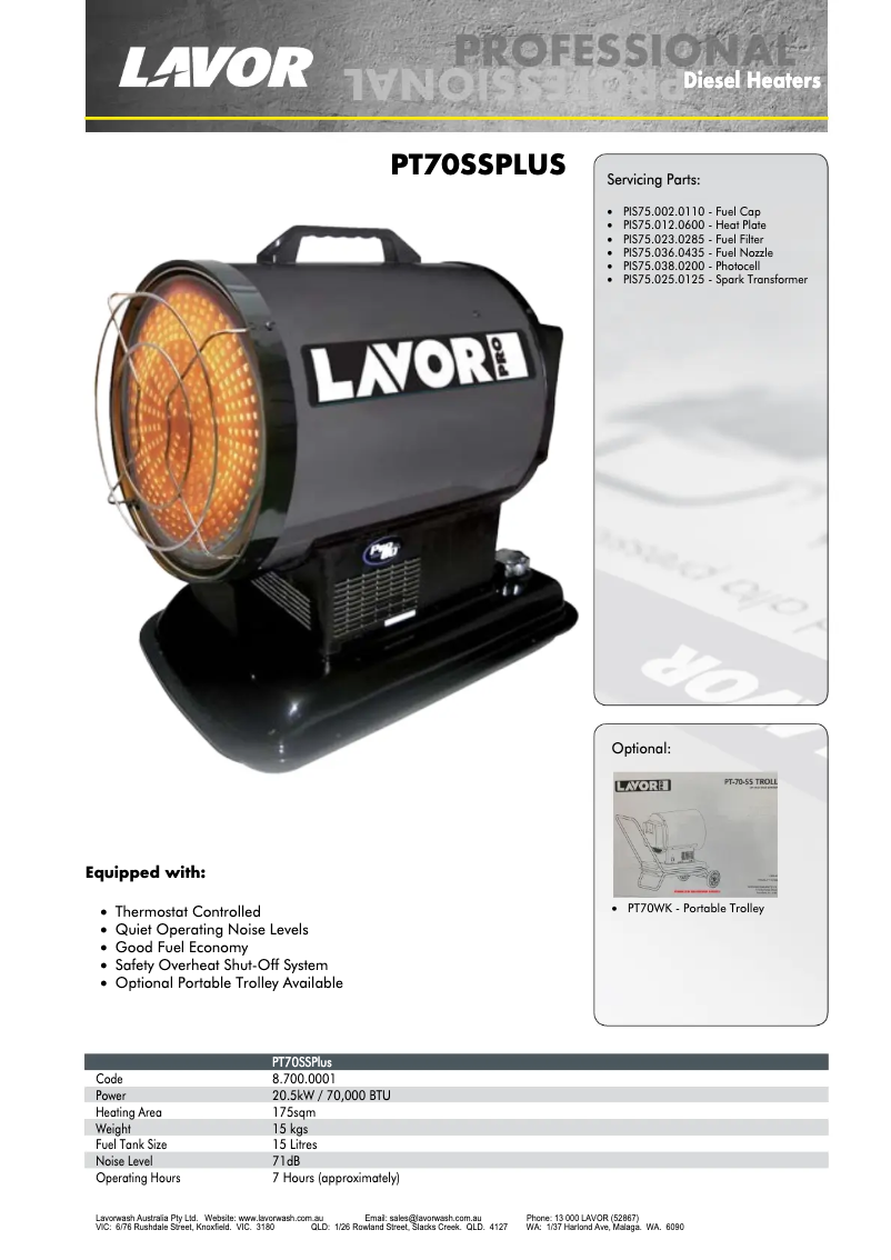 Page 1 de la notice Fiche technique Lavorwash PT70-SS Plus