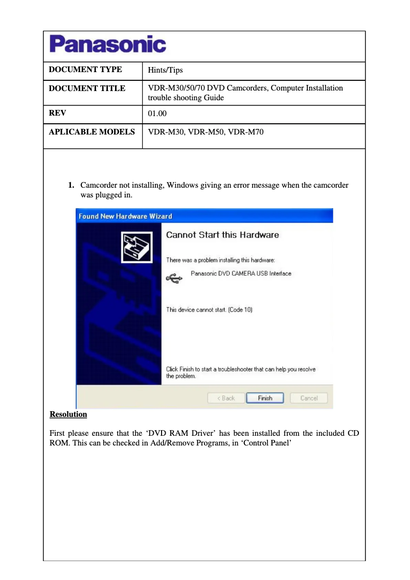 Page 1 de la notice Manuel utilisateur Panasonic VDR-M50EB