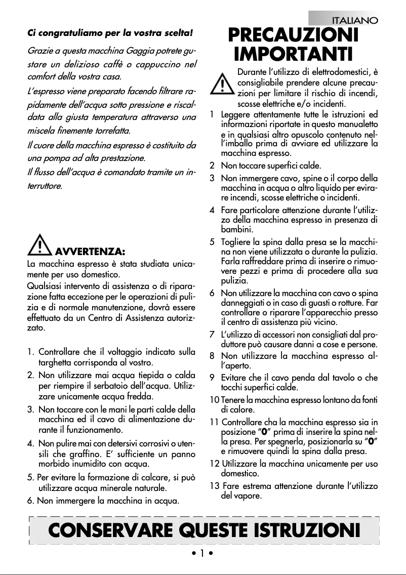 Page n°1 - Manuel utilisateur Gaggia RI8151