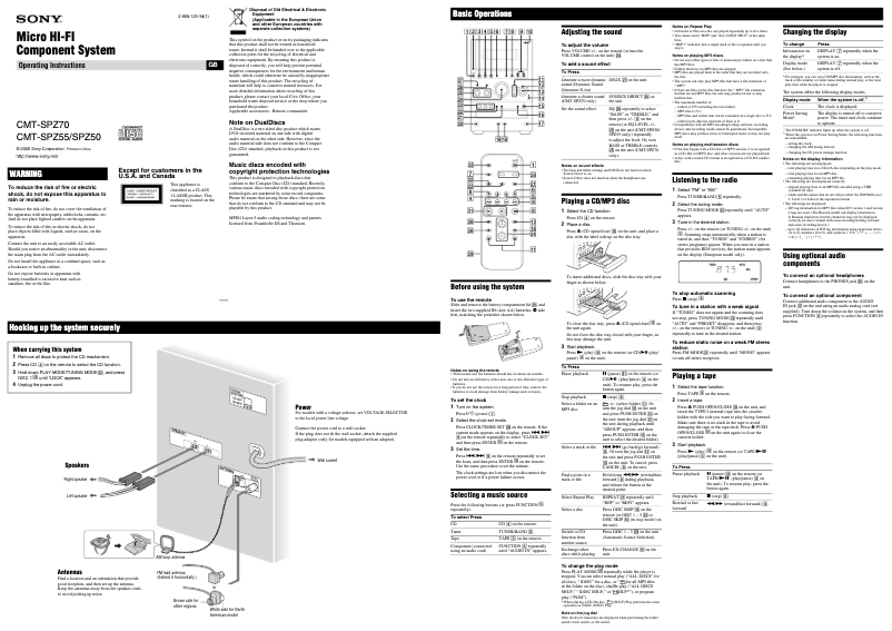 Page 1 de la notice Manuel utilisateur Sony CMT-SPZ55