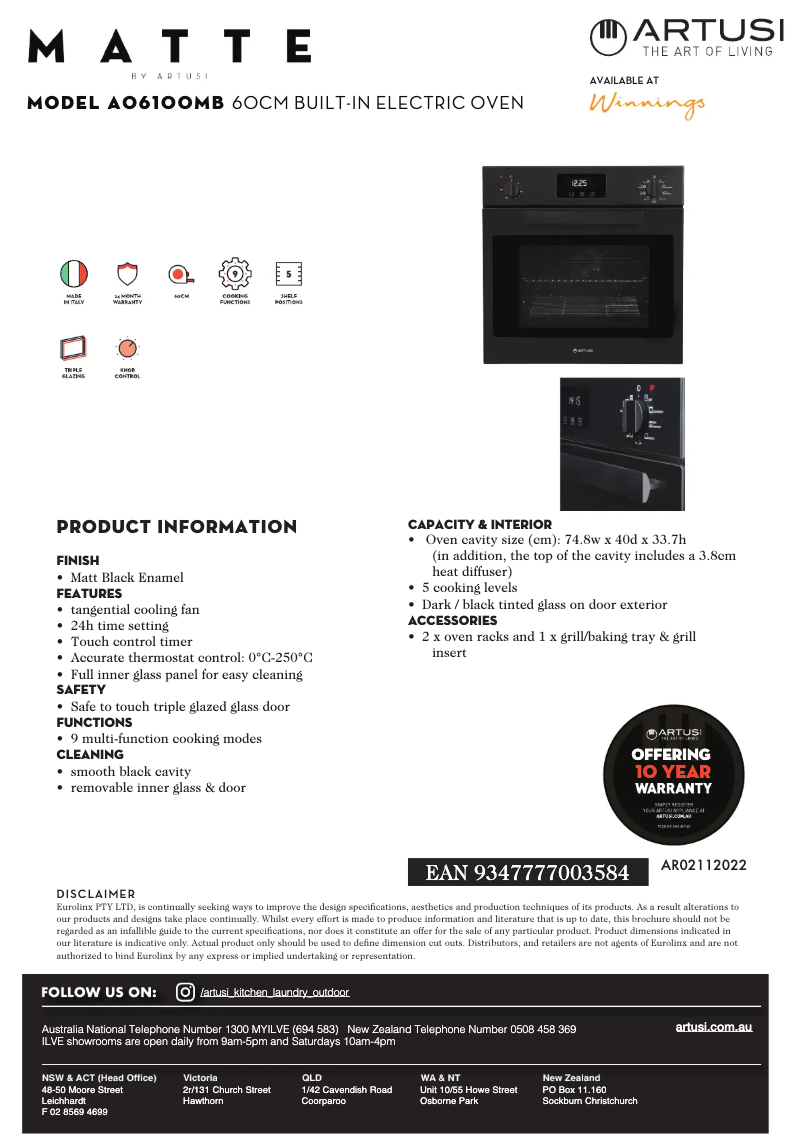 Page 1 de la notice Fiche technique Artusi AO6100MB