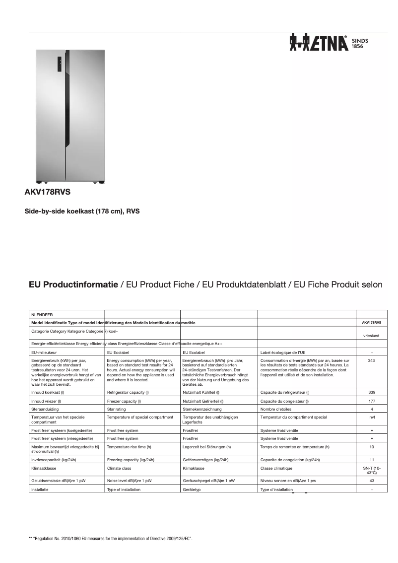Page 1 de la notice Fiche technique Etna AKV178RVS