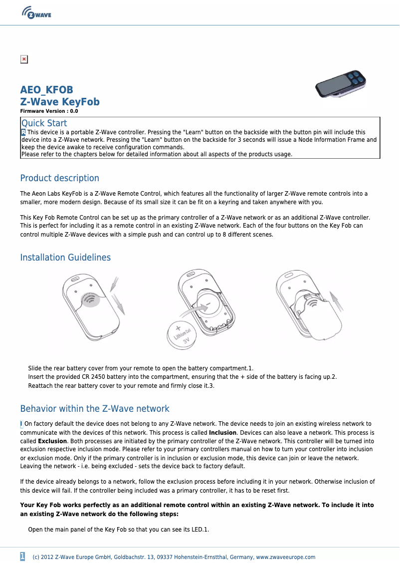 Page 1 de la notice Manuel utilisateur Aeon Labs KeyFob