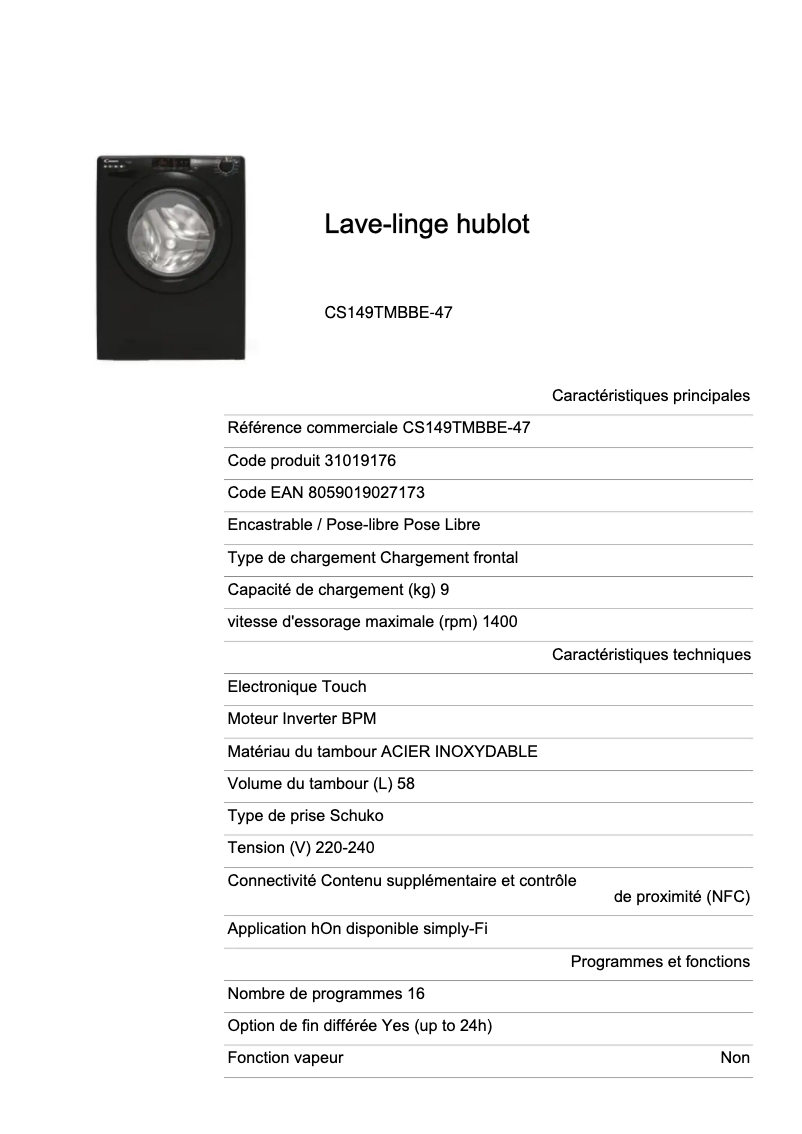 Page 1 de la notice Fiche technique Candy CS 149TMBBE-47