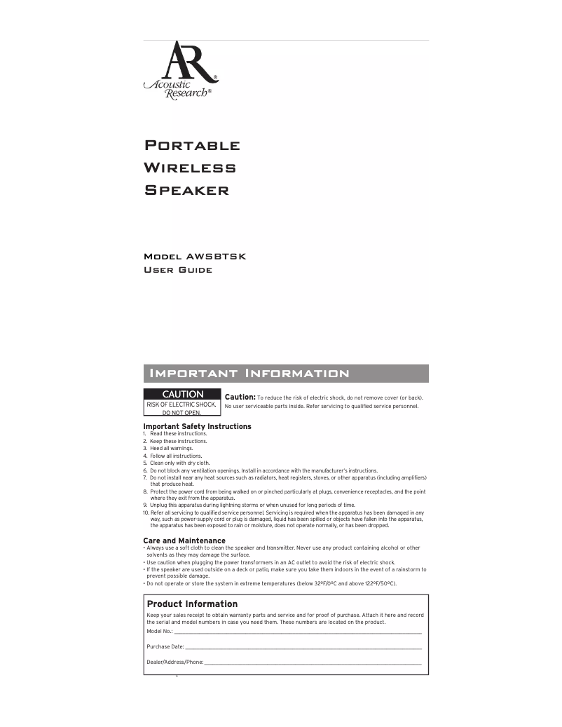 Page n°1 - Manuel utilisateur Acoustic Research AWSBTSK