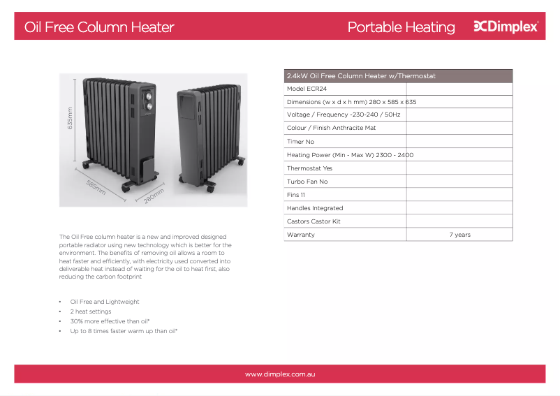Página 1 del manual Ficha técnica Dimplex ECR24