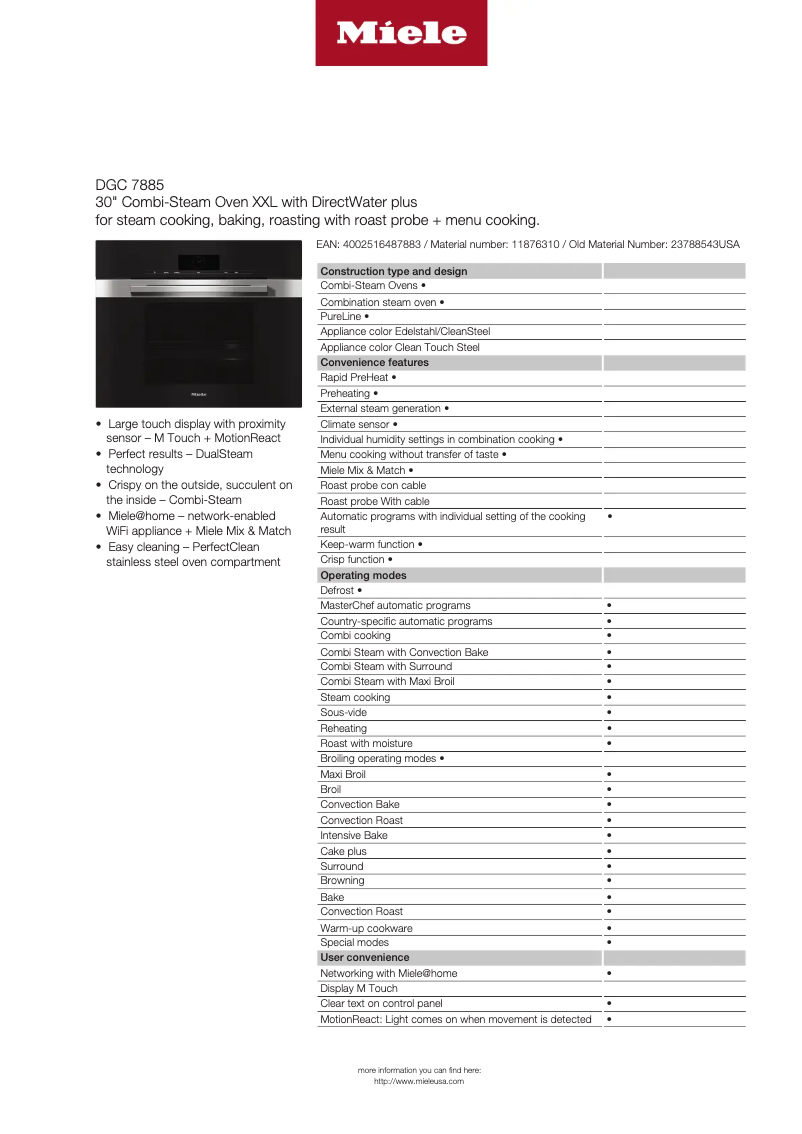 Page n°1 - Fiche technique Miele DGC 7885