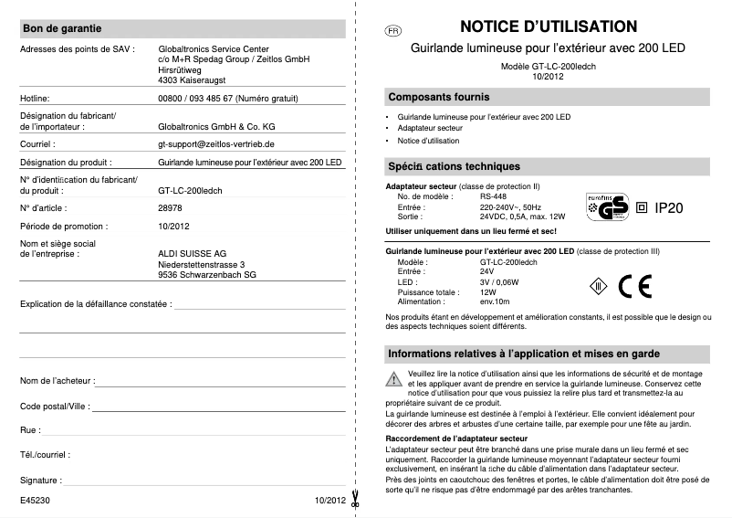 Page 1 de la notice Manuel utilisateur GlobalTronics GT-LC-200led