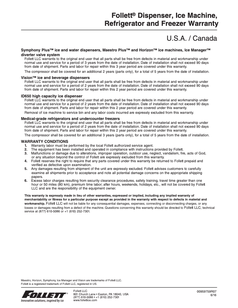 Page 1 de la notice Informations de garantie Follett 50C1425A-L