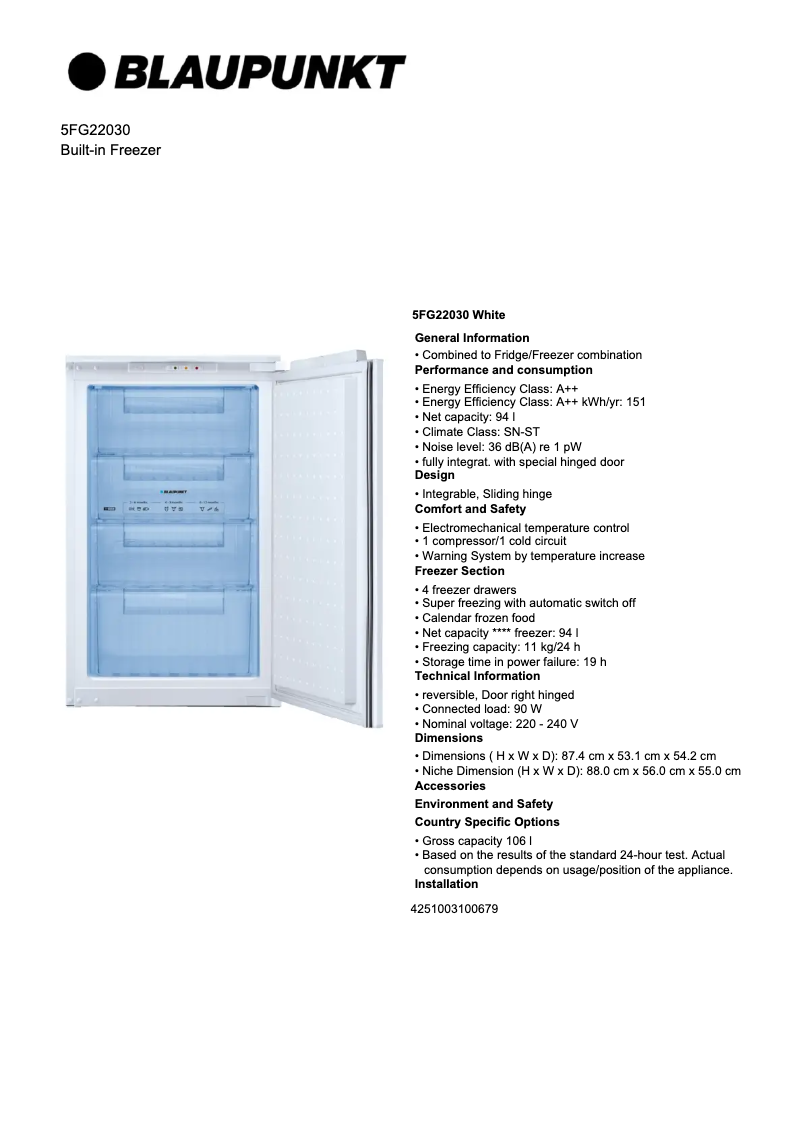Page 1 de la notice Fiche technique Blaupunkt 5FG 22030