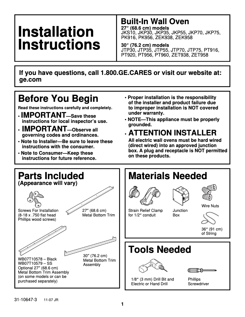 Page n°1 - Guide d'installation GE ZEK938BFBB