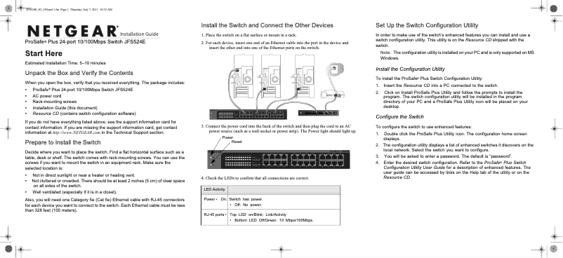Page n°1 - Guide d'installation Netgear JFS524E