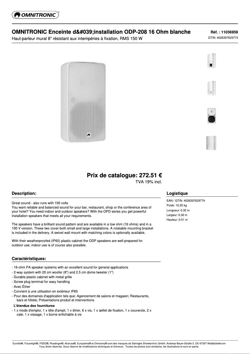 Page 1 de la notice Fiche technique Omnitronic ODP-208