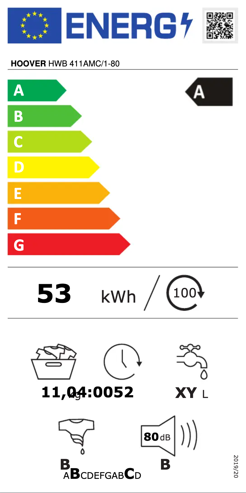 Page n°1 - Label énergétique Hoover H-WASH 500 HWB 411AMC/1-80