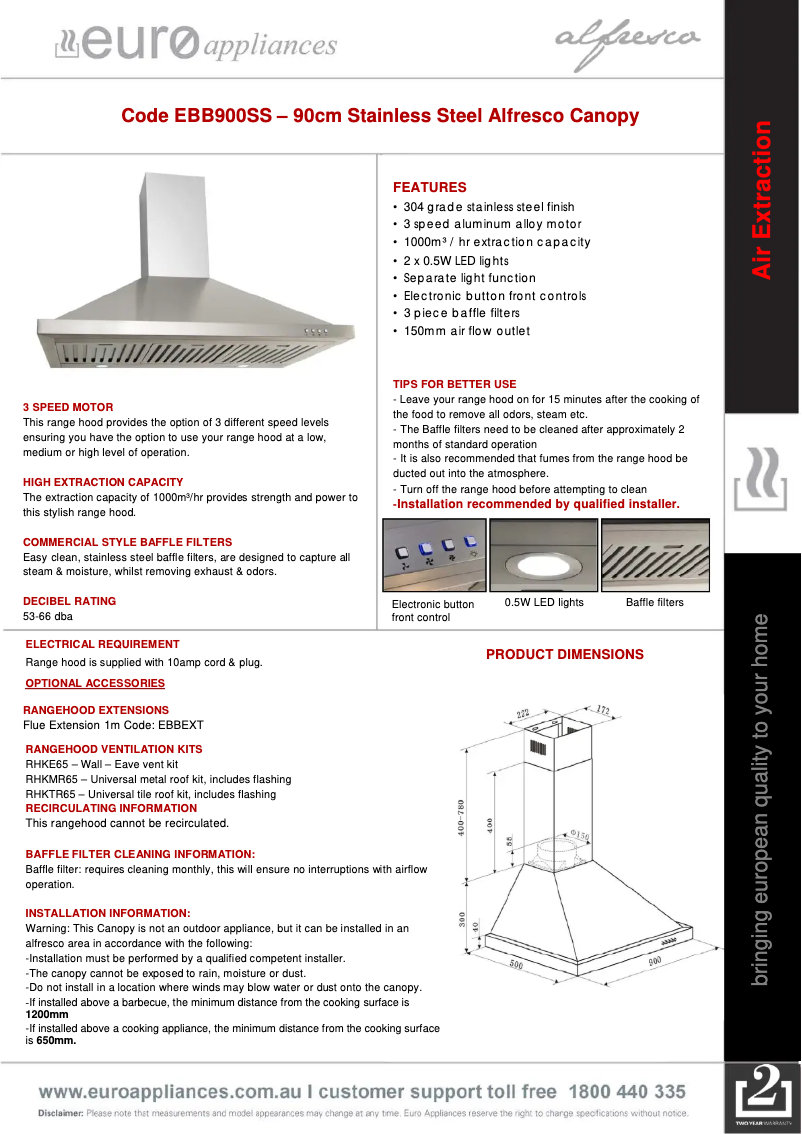 Page 1 de la notice Fiche technique Euro Appliances EBB900SS