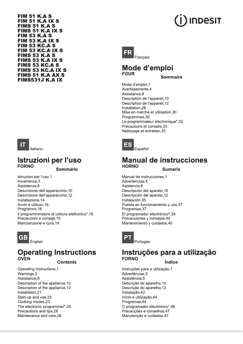 Page 1 de la notice Manuel utilisateur Indesit FIMS 51 KA IX S