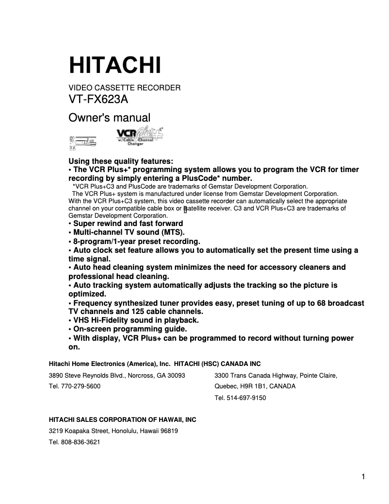 Page n°1 - Manuel utilisateur Hitachi VT-FX623A