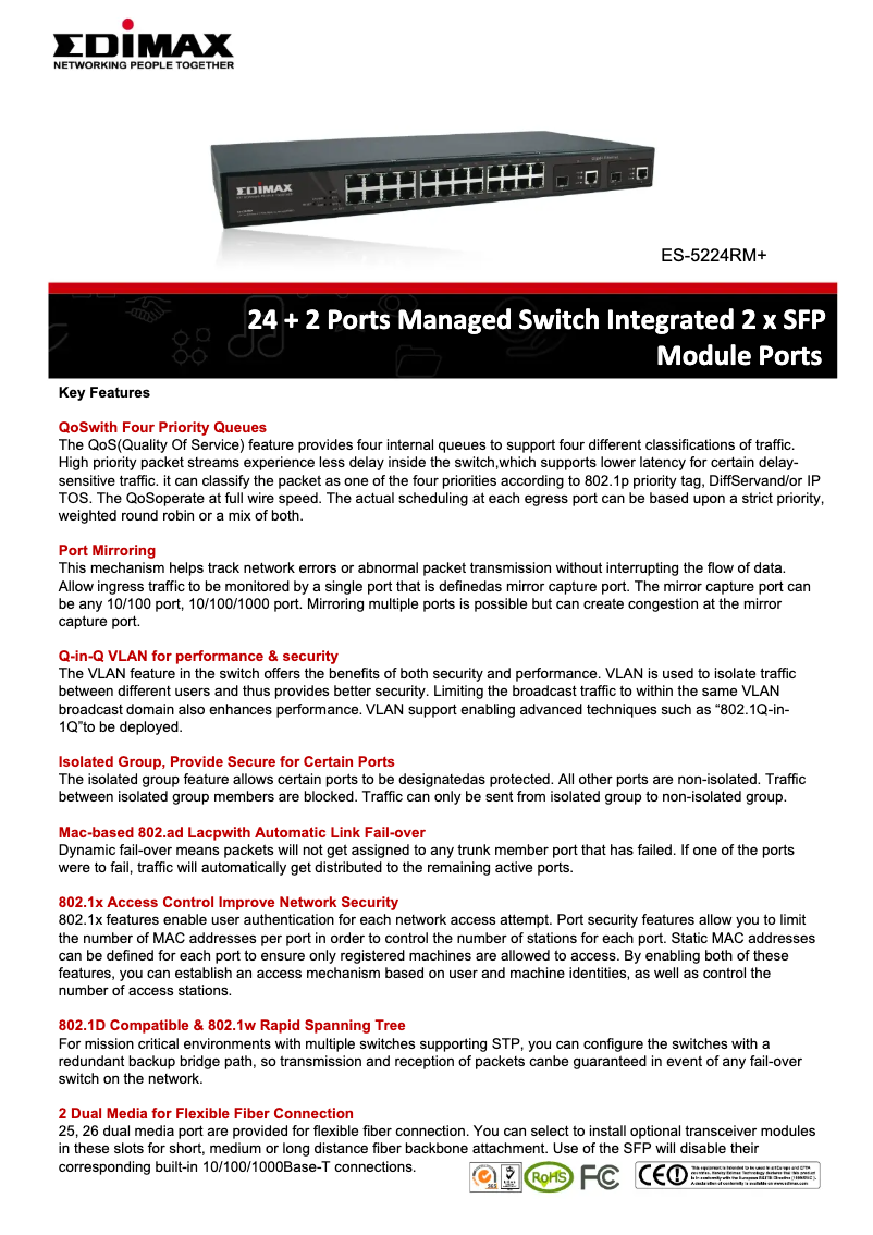 Page 1 de la notice Fiche technique Edimax ES-5224RM+
