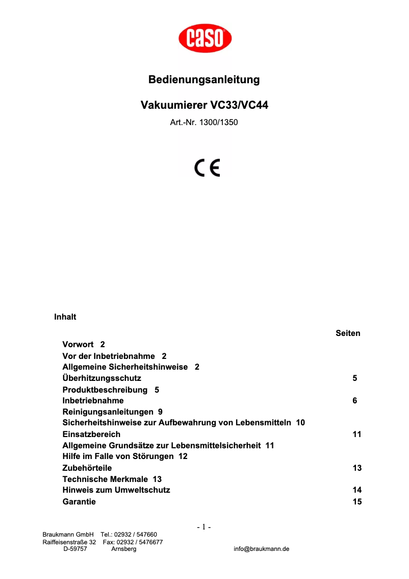 Page n°1 - Manuel utilisateur Caso VC33