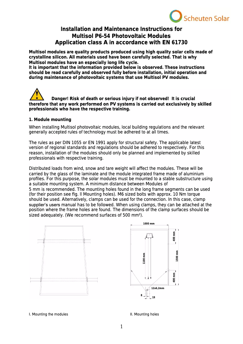 Page 1 de la notice Manuel utilisateur Scheuten Solar P6-54