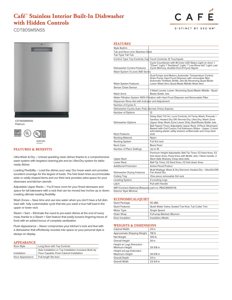 Page 1 de la notice Fiche technique GE CDT805M5NS5
