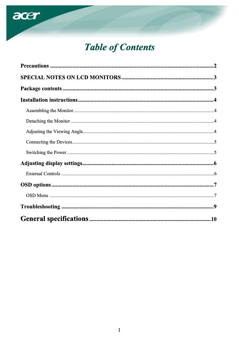 Page n°1 - Manuel utilisateur Acer AL1916W