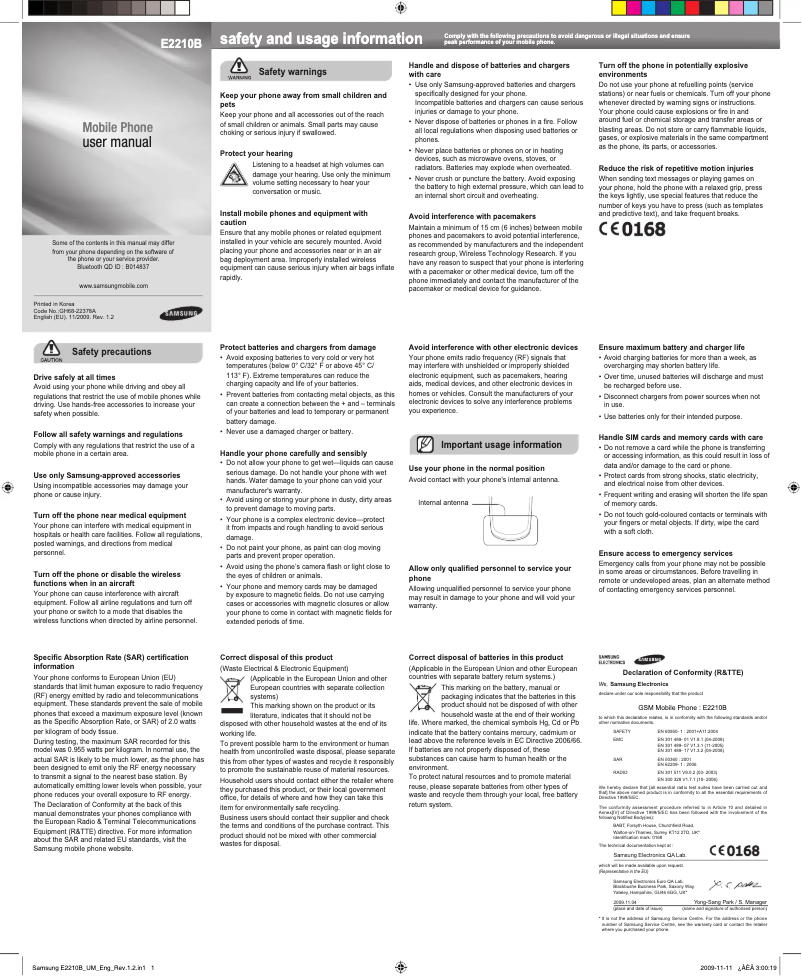 Page n°1 - Manuel utilisateur Samsung E2210B