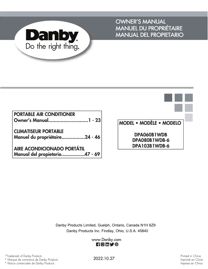 Page 1 de la notice Manuel utilisateur Danby DPA080B1WDB-6
