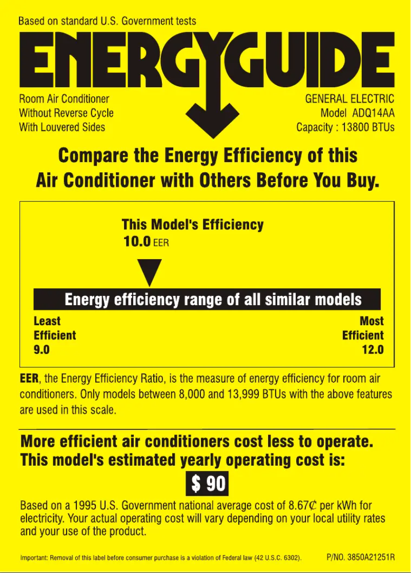 Page 1 de la notice Label énergétique GE ADQ14AA