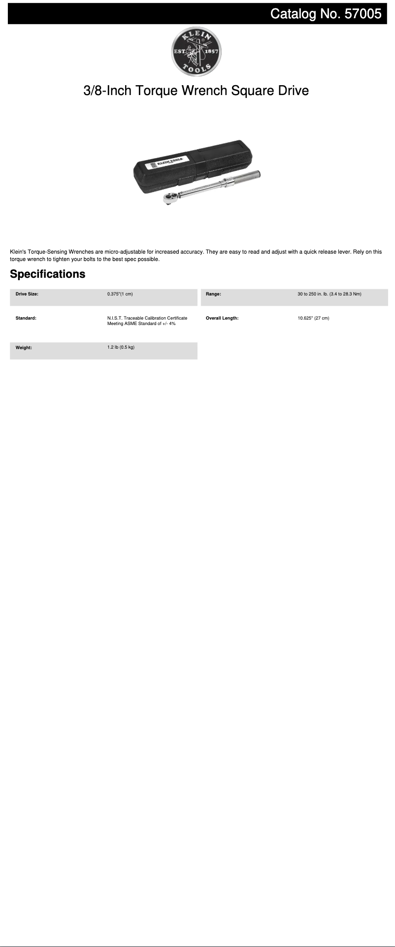 Page 1 de la notice Fiche technique Klein Tools 57005