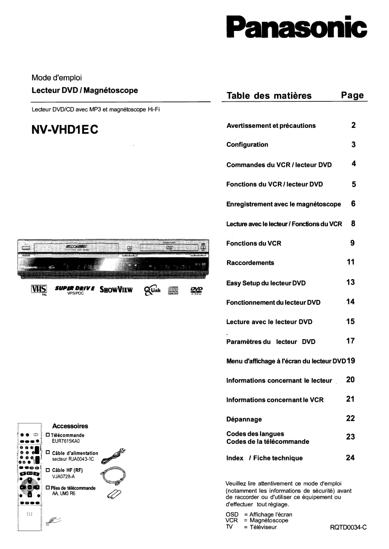 Page n°1 - Manuel utilisateur Panasonic NV-VHD1EE