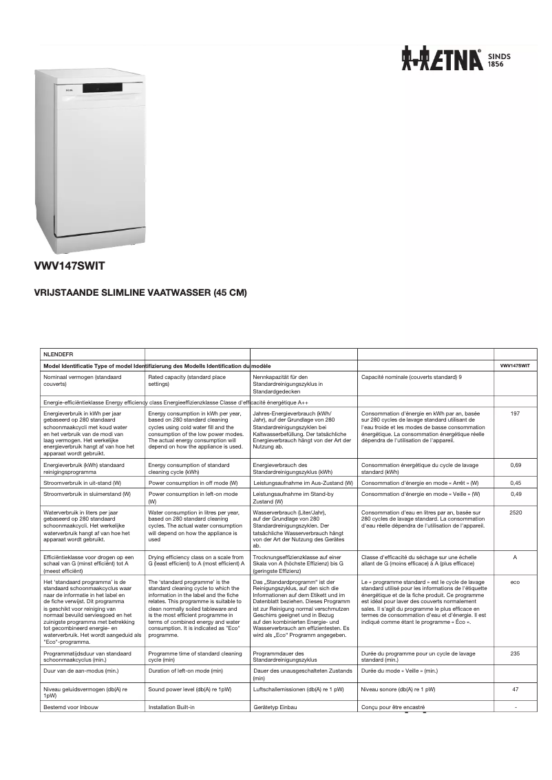 Image de la première page du manuel de l'appareil VWV147SWIT