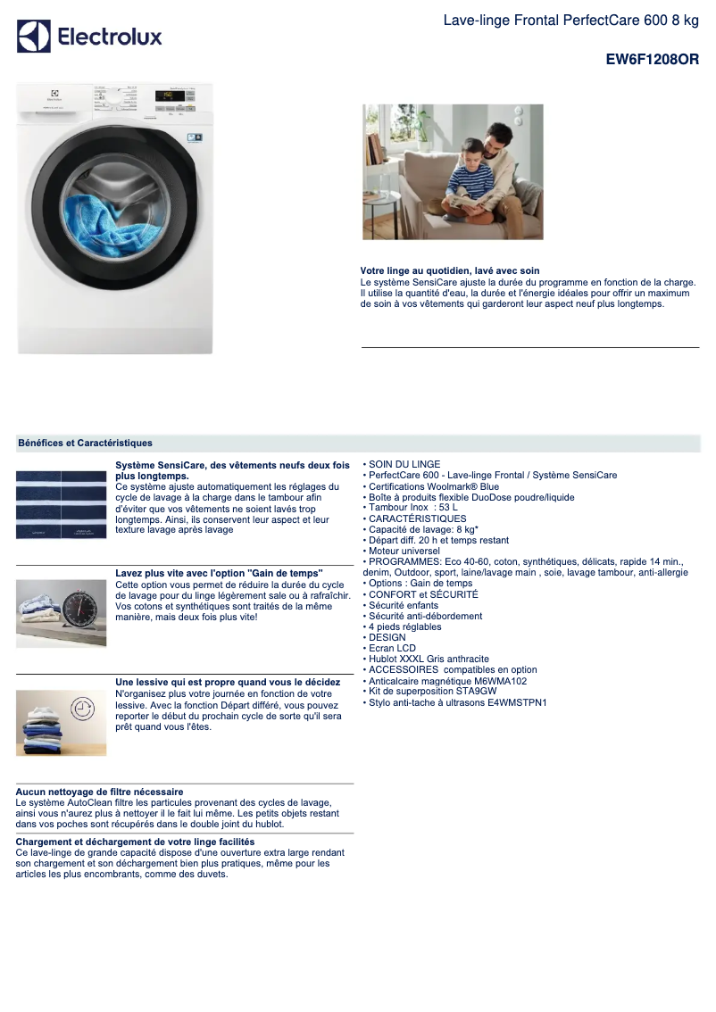 Page 1 de la notice Fiche technique Electrolux EW6F1208OR