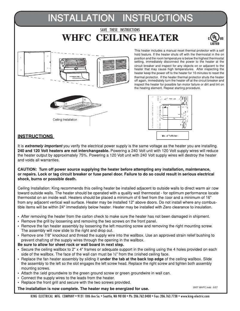 Page 1 de la notice Manuel utilisateur King WHFC1215-W
