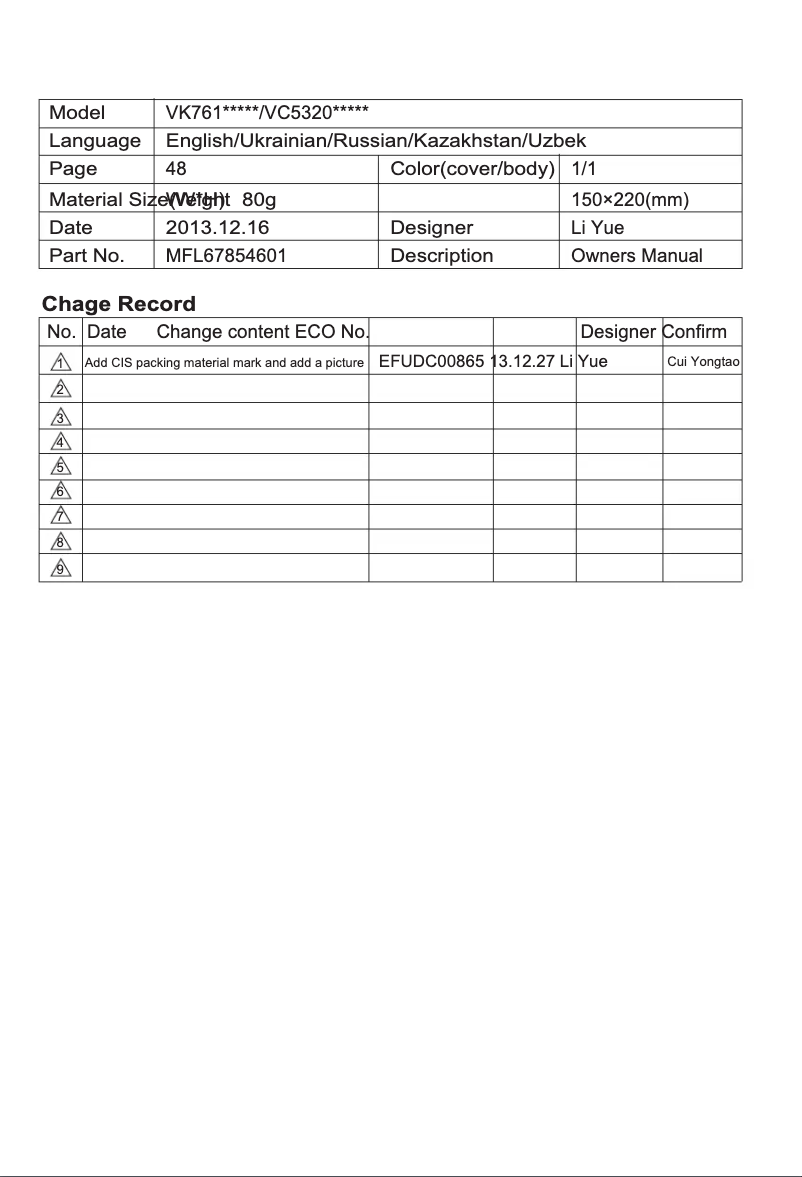 Page 1 de la notice Manuel utilisateur LG VK76104HY