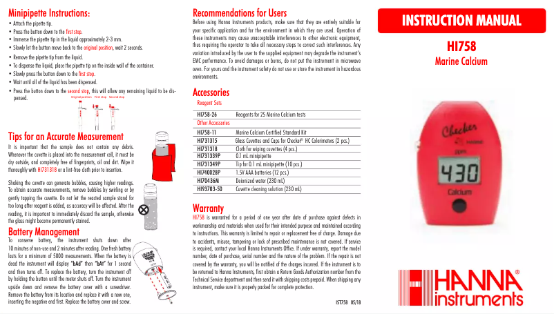 Page n°1 - Manuel utilisateur Hanna Calcium Checker HI758