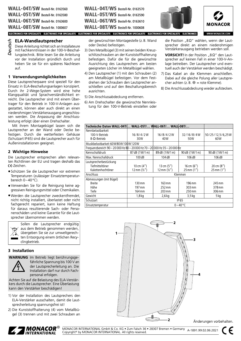 Page n°1 - Manuel utilisateur Monacor WALL-06T/WS