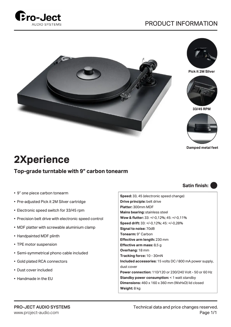 Page 1 de la notice Fiche technique Pro-Ject 2Xperience