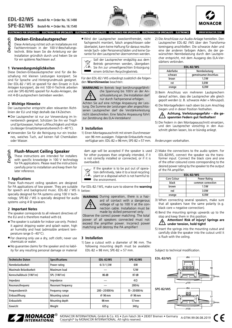 Page 1 de la notice Manuel utilisateur Monacor EDL-82/WS